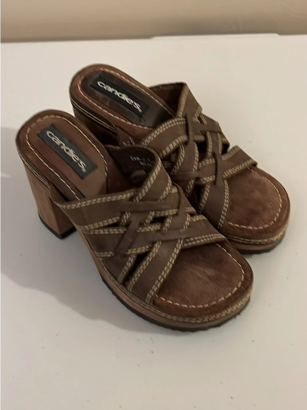 Y2K Candie's Brown Woven Crossover Heeled platform Mules size 5.5 Women’s - Picture 1 of 9